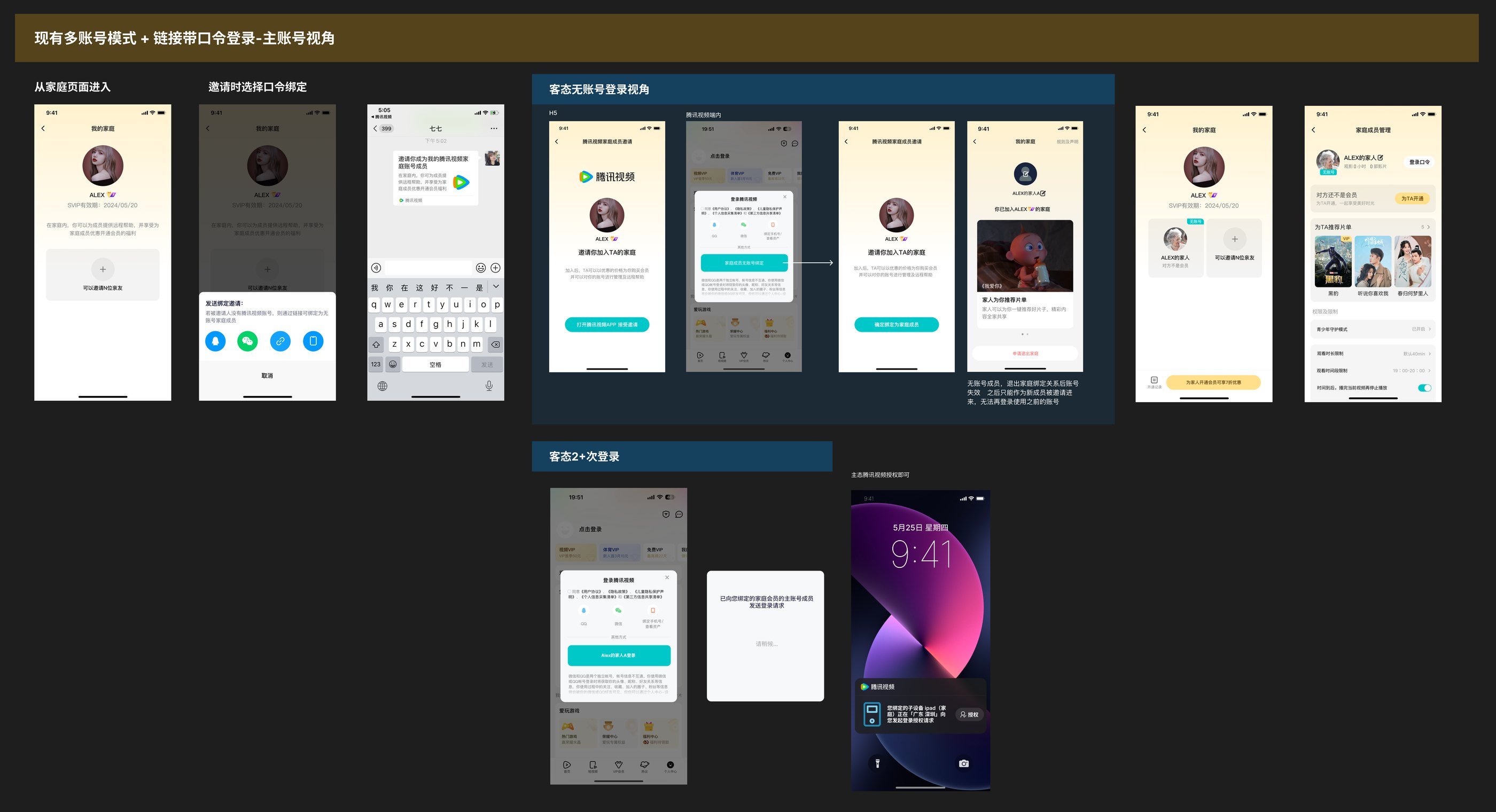 Board: existing multi-account model plus link with passcode login, including second-login approval on the main account's lock screen