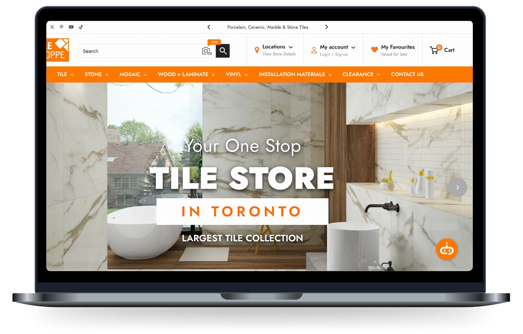 Laptop mockup of The Tile Shoppe homepage with the TILO camera in the search bar and the TILO chat button