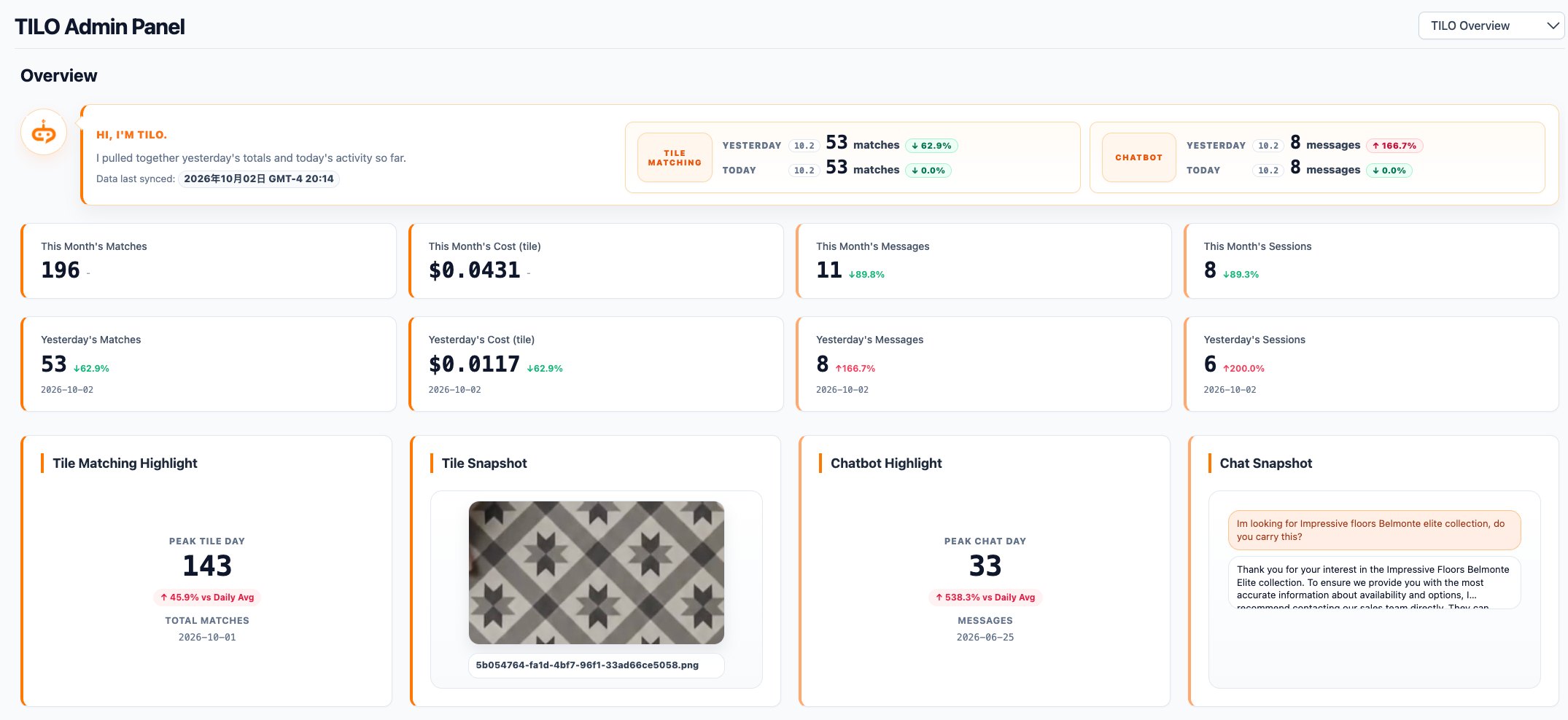 TILO Admin Panel overview: daily activity, monthly matches, cost, messages and sessions, peak days and snapshots