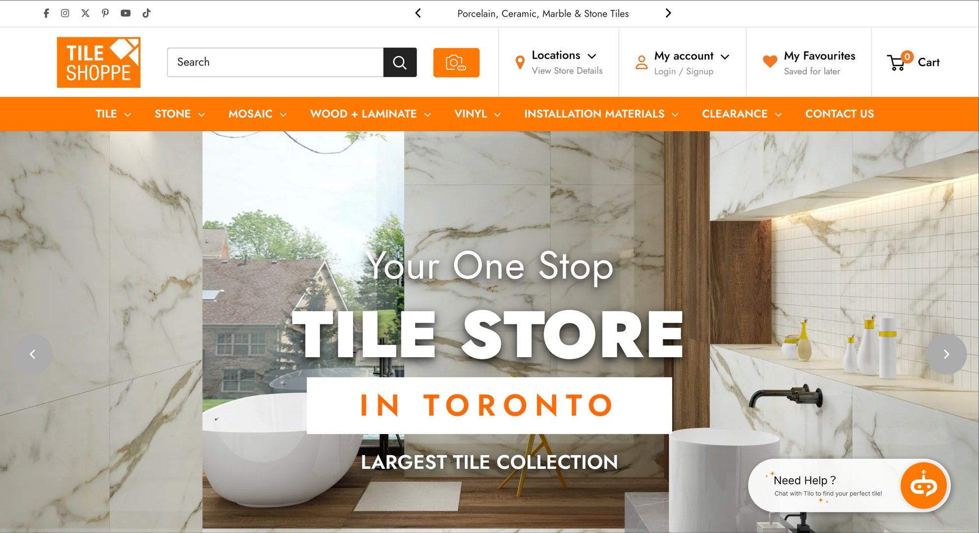 The Tile Shoppe homepage with the TILO Need Help tooltip and chat button in the corner