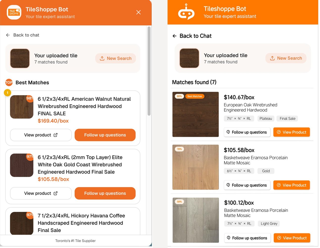 Result card before and after the redesign
